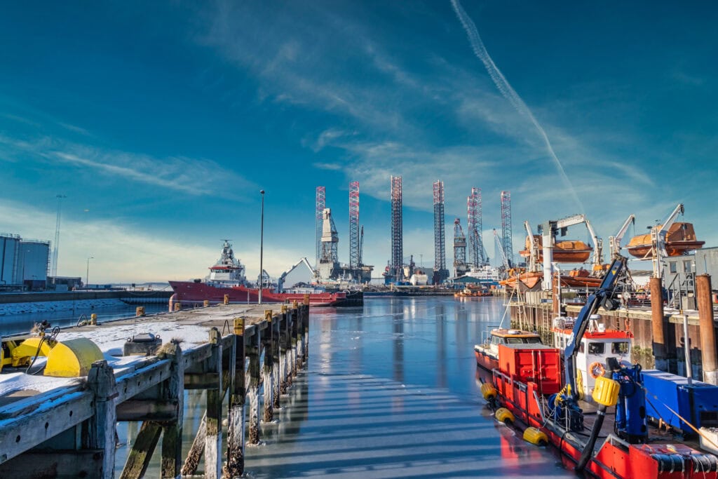 Wind power rigs in Esbjerg harbor. Denmark Esbjerg